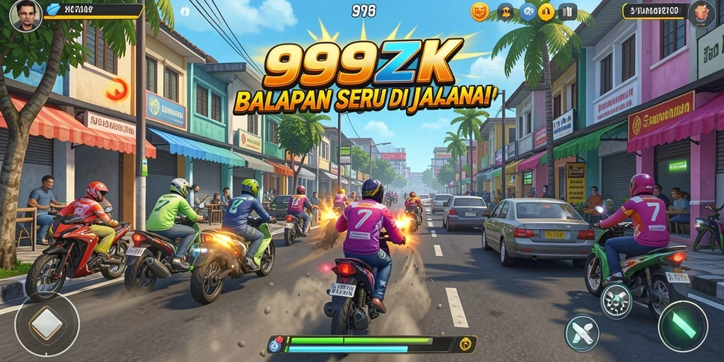 Tampilan gameplay mengesankan di 999ZK dengan mobil balap yang cepat.